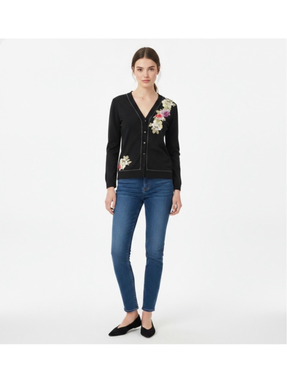 Bella Carra Floral Embroidered Cardigan Black Women's Size M (19” PTP) NWT